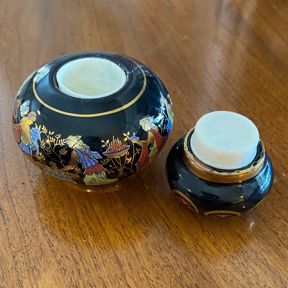 Greek mythology 24k trim Vintage Black and Gold Accent Jar with Colorful Motifs - Picture 3 of 11